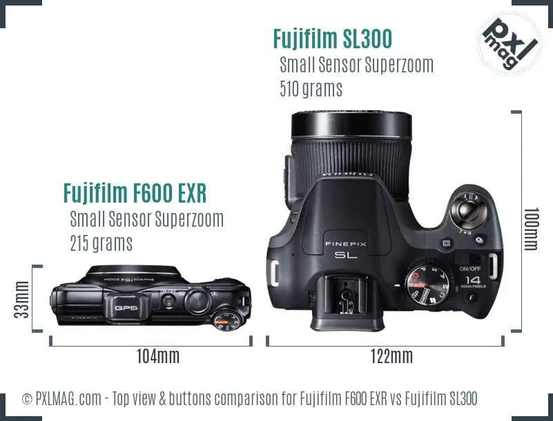 Fujifilm F600 EXR vs Fujifilm SL300 top view buttons comparison