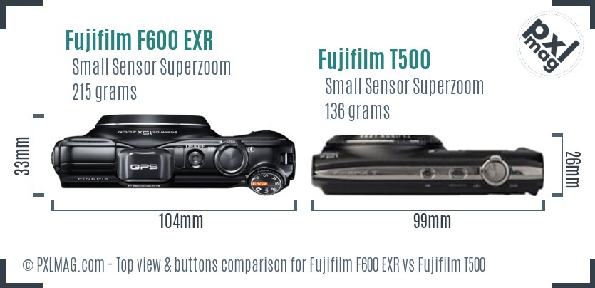 Fujifilm F600 EXR vs Fujifilm T500 top view buttons comparison