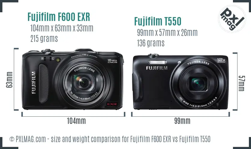 Fujifilm F600 EXR vs Fujifilm T550 size comparison