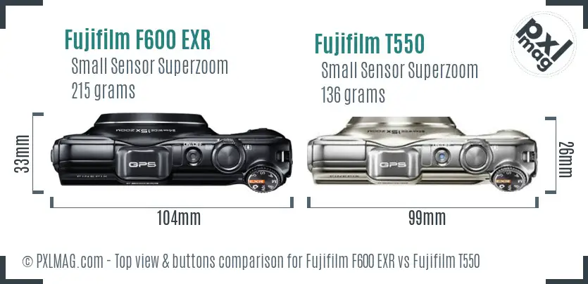 Fujifilm F600 EXR vs Fujifilm T550 top view buttons comparison