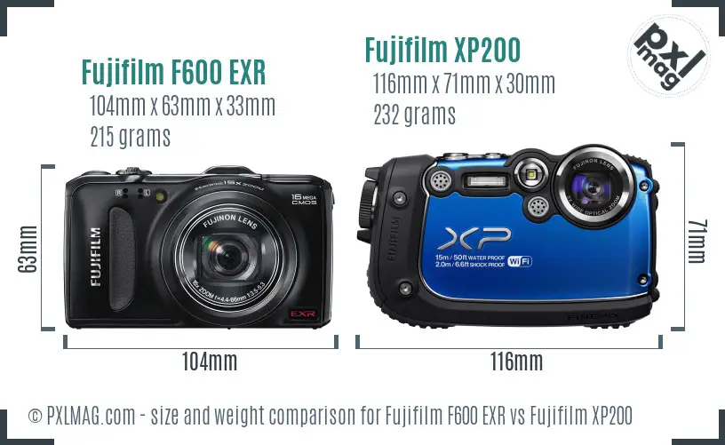 Fujifilm F600 EXR vs Fujifilm XP200 size comparison