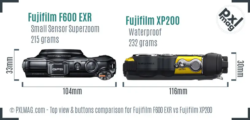 Fujifilm F600 EXR vs Fujifilm XP200 top view buttons comparison