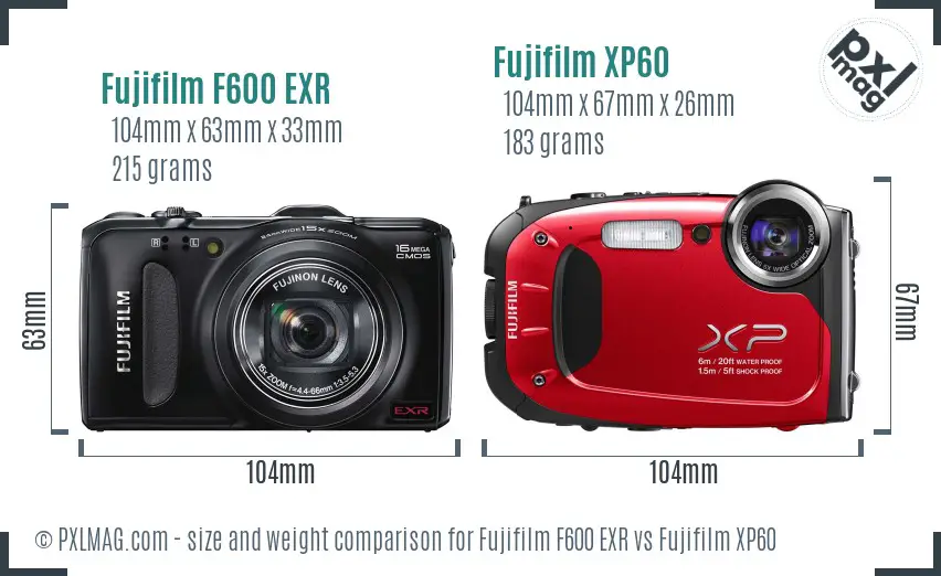 Fujifilm F600 EXR vs Fujifilm XP60 size comparison
