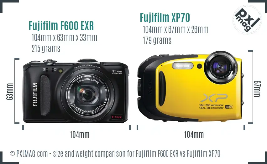 Fujifilm F600 EXR vs Fujifilm XP70 size comparison