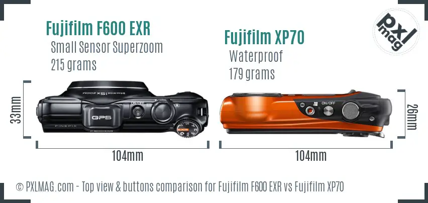 Fujifilm F600 EXR vs Fujifilm XP70 top view buttons comparison