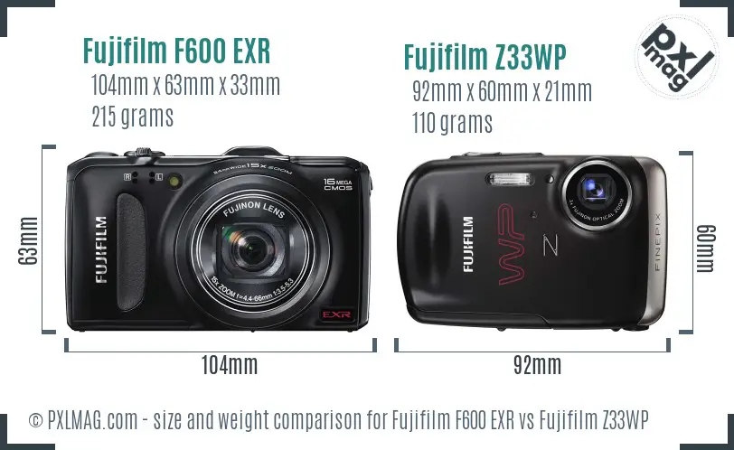 Fujifilm F600 EXR vs Fujifilm Z33WP size comparison