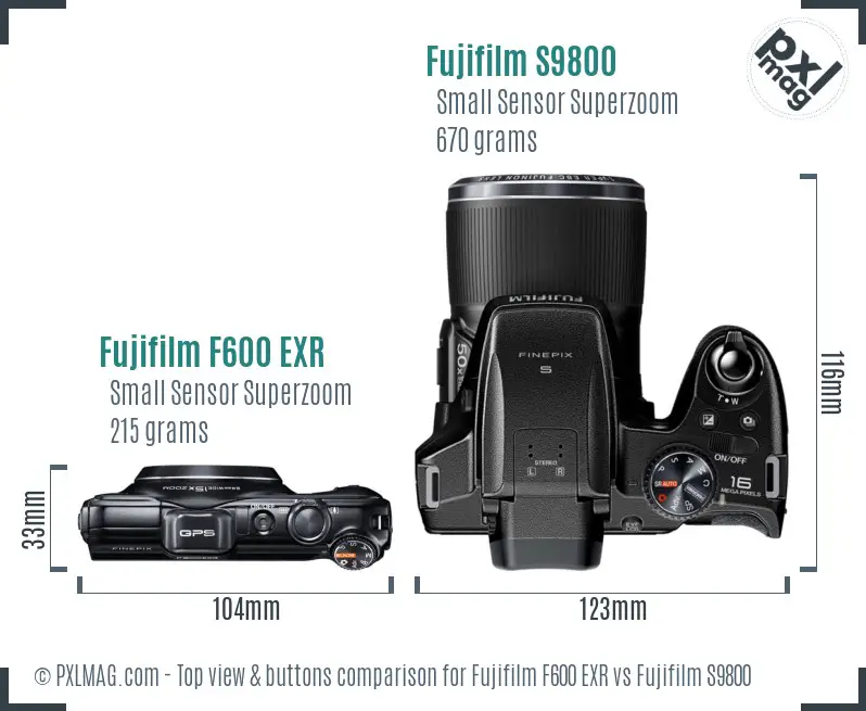 Fujifilm F600 EXR vs Fujifilm S9800 top view buttons comparison