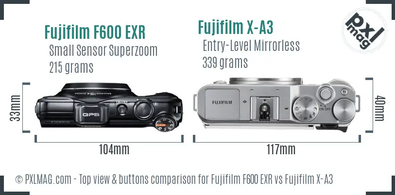 Fujifilm F600 EXR vs Fujifilm X-A3 top view buttons comparison