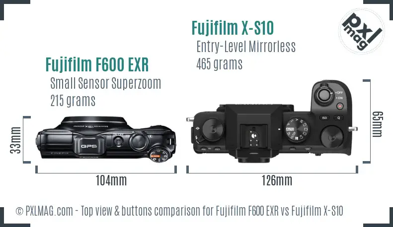 Fujifilm F600 EXR vs Fujifilm X-S10 top view buttons comparison