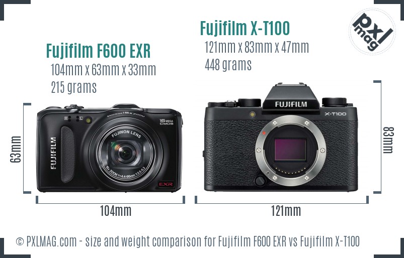 Fujifilm F600 EXR vs Fujifilm X-T100 size comparison