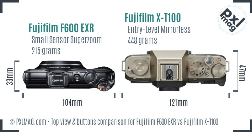 Fujifilm F600 EXR vs Fujifilm X-T100 top view buttons comparison