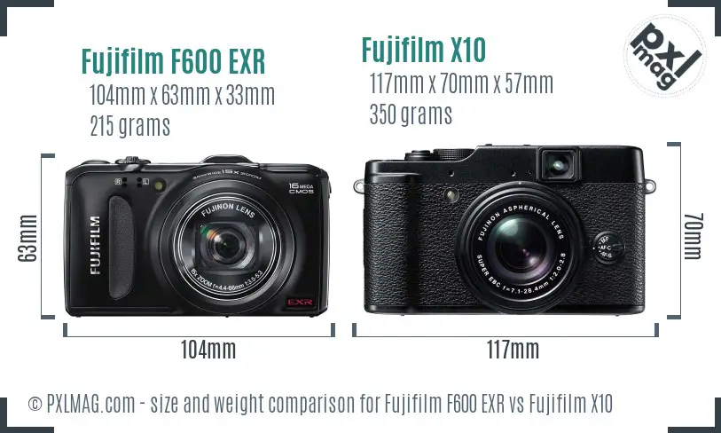 Fujifilm F600 EXR vs Fujifilm X10 size comparison