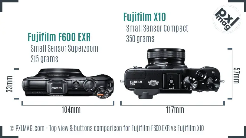 Fujifilm F600 EXR vs Fujifilm X10 top view buttons comparison