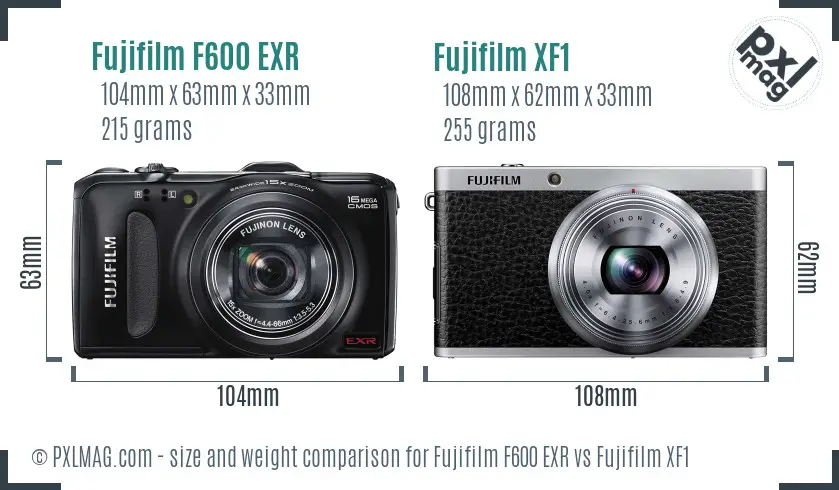Fujifilm F600 EXR vs Fujifilm XF1 size comparison