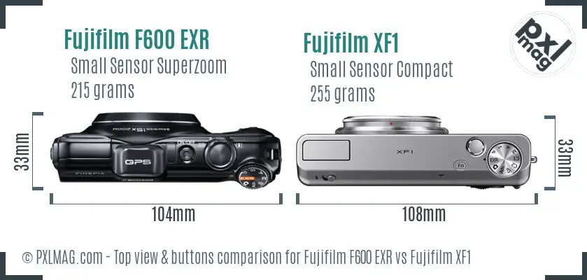 Fujifilm F600 EXR vs Fujifilm XF1 top view buttons comparison