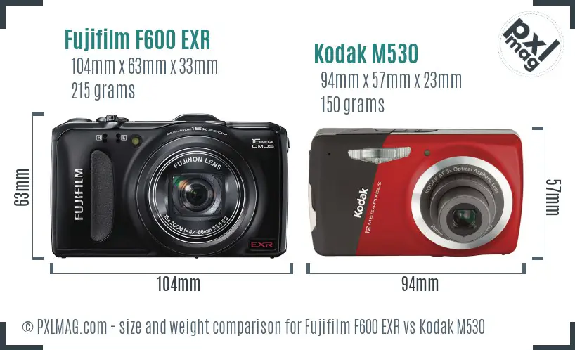 Fujifilm F600 EXR vs Kodak M530 size comparison