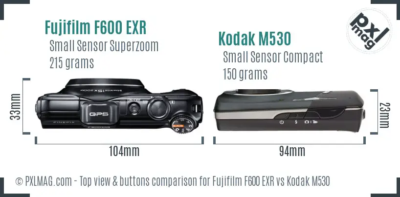 Fujifilm F600 EXR vs Kodak M530 top view buttons comparison