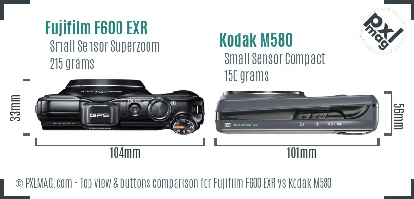 Fujifilm F600 EXR vs Kodak M580 top view buttons comparison