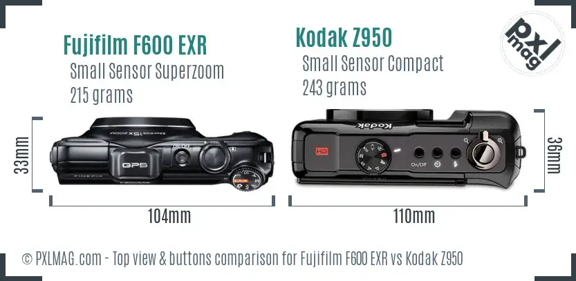 Fujifilm F600 EXR vs Kodak Z950 top view buttons comparison