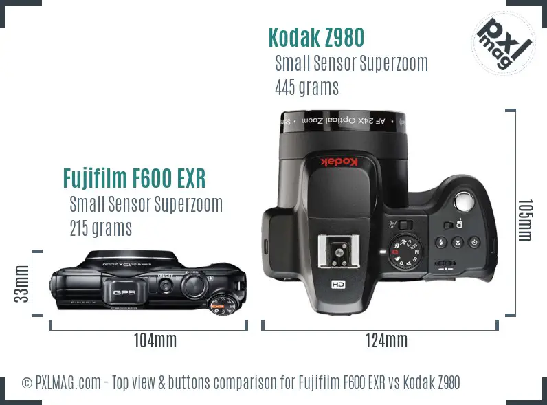 Fujifilm F600 EXR vs Kodak Z980 top view buttons comparison