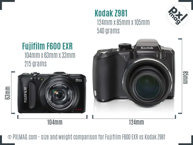 Fujifilm F600 EXR vs Kodak Z981 size comparison