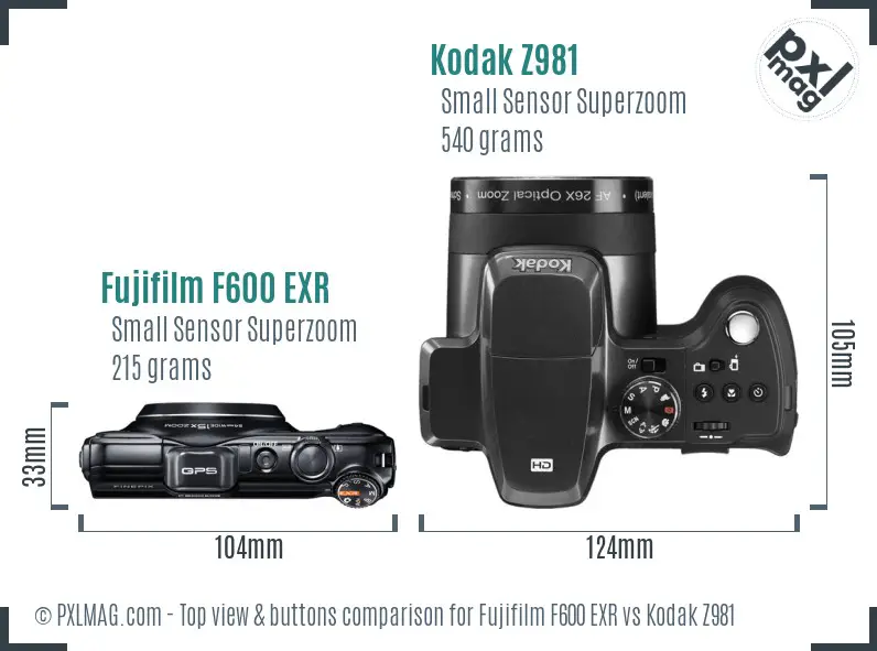 Fujifilm F600 EXR vs Kodak Z981 top view buttons comparison