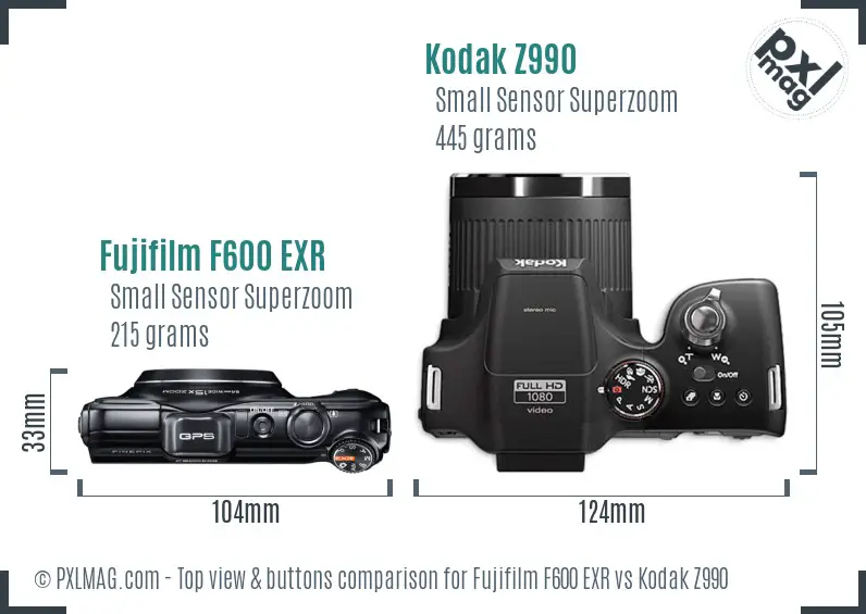 Fujifilm F600 EXR vs Kodak Z990 top view buttons comparison
