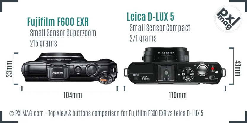 Fujifilm F600 EXR vs Leica D-LUX 5 top view buttons comparison