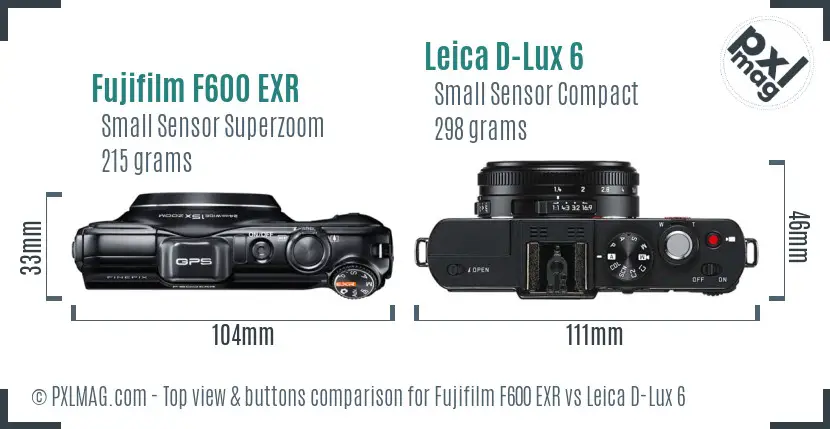 Fujifilm F600 EXR vs Leica D-Lux 6 top view buttons comparison