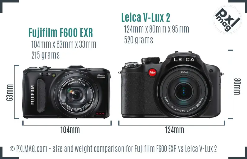 Fujifilm F600 EXR vs Leica V-Lux 2 size comparison