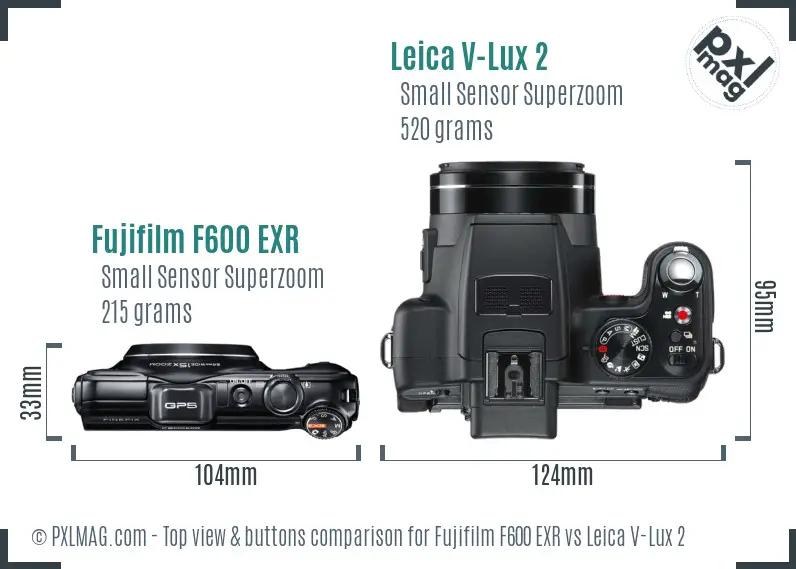 Fujifilm F600 EXR vs Leica V-Lux 2 top view buttons comparison