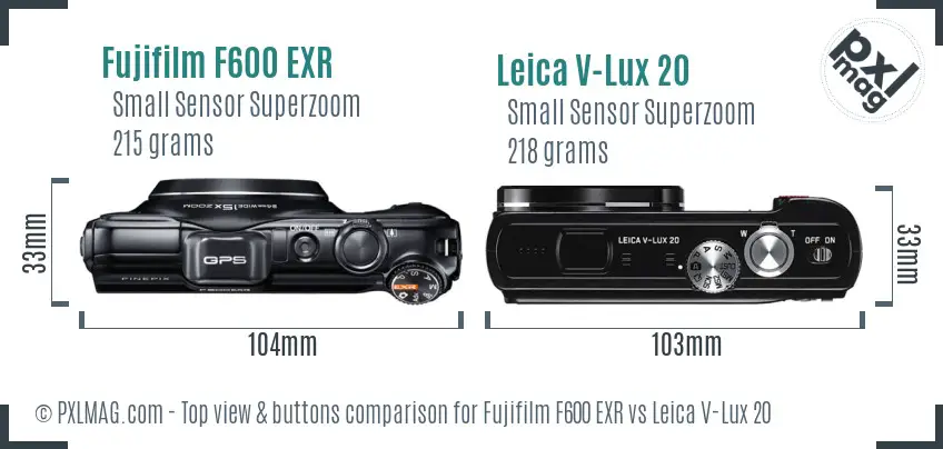 Fujifilm F600 EXR vs Leica V-Lux 20 top view buttons comparison