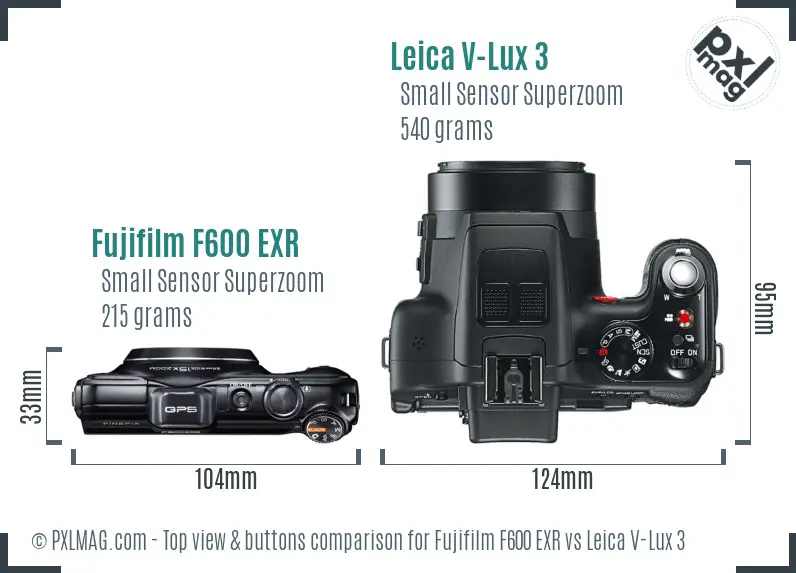 Fujifilm F600 EXR vs Leica V-Lux 3 top view buttons comparison