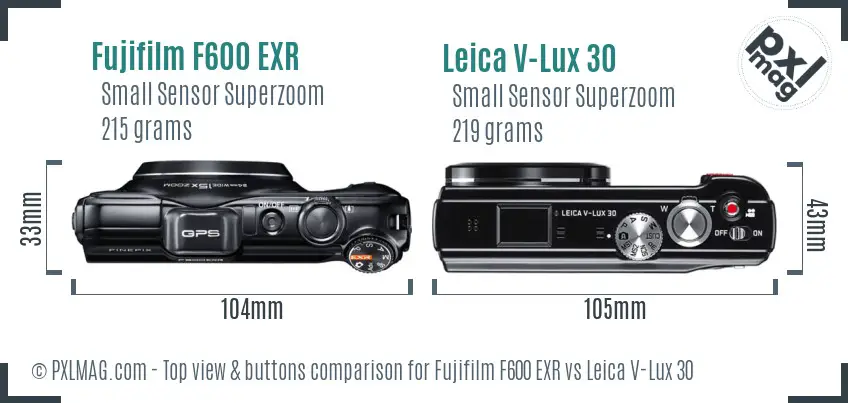 Fujifilm F600 EXR vs Leica V-Lux 30 top view buttons comparison Fujifilm F600 EXR vs Leica V-Lux 30 top view buttons comparison