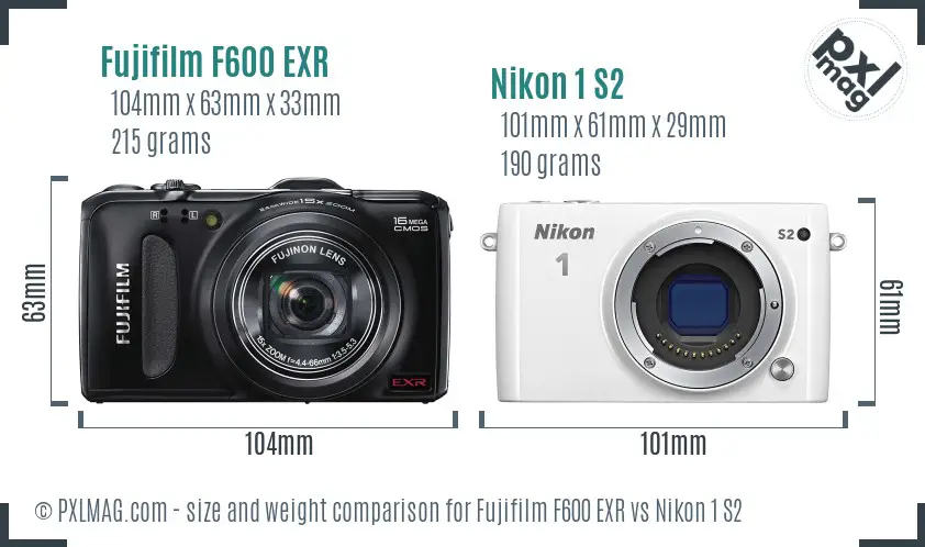 Fujifilm F600 EXR vs Nikon 1 S2 size comparison