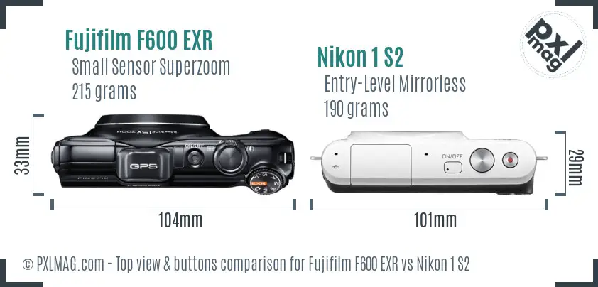 Fujifilm F600 EXR vs Nikon 1 S2 top view buttons comparison