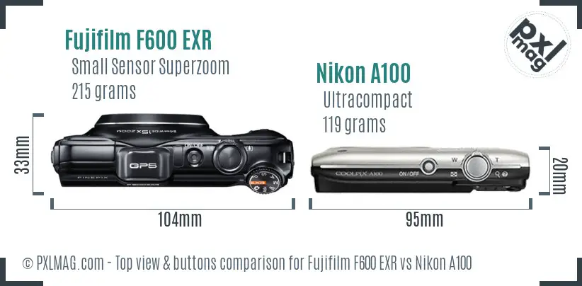 Fujifilm F600 EXR vs Nikon A100 top view buttons comparison