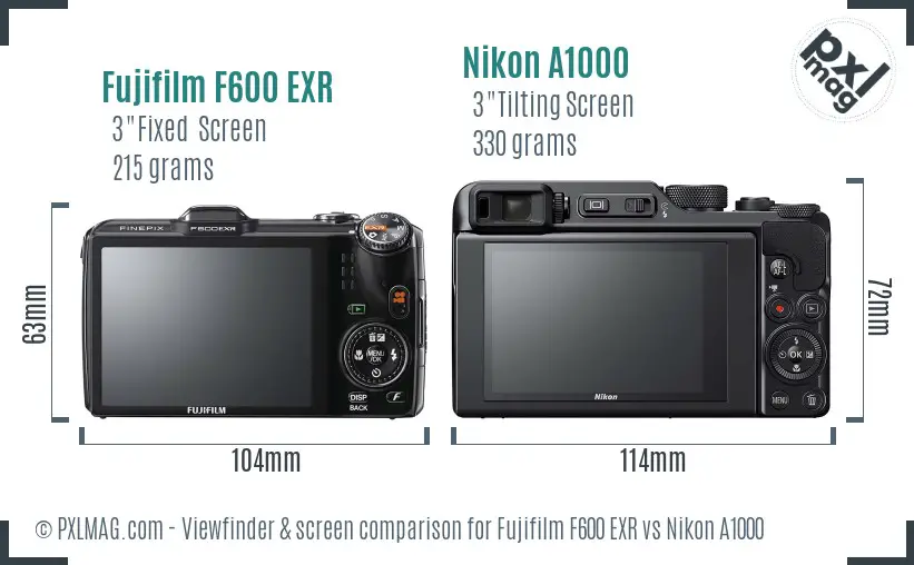 Fujifilm F600 EXR vs Nikon A1000 Screen and Viewfinder comparison