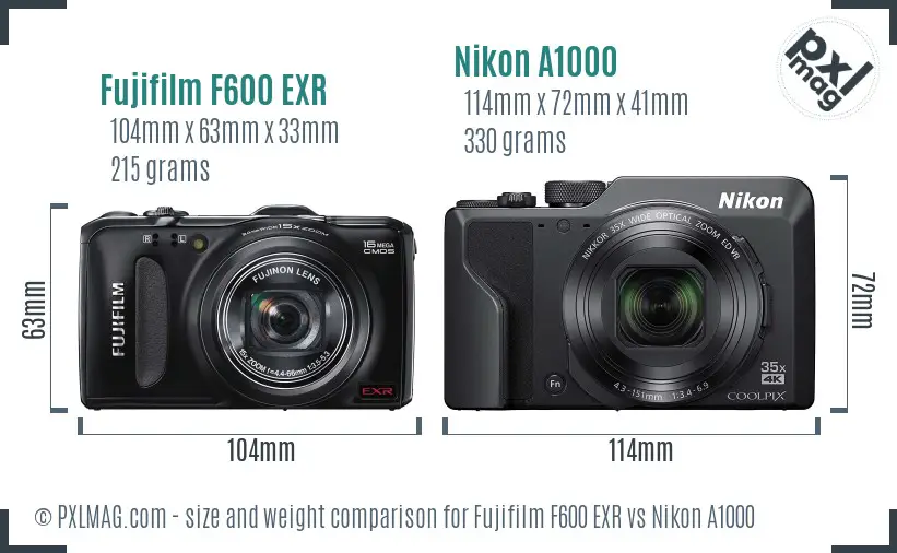 Fujifilm F600 EXR vs Nikon A1000 size comparison