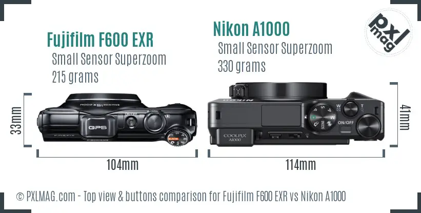 Fujifilm F600 EXR vs Nikon A1000 top view buttons comparison