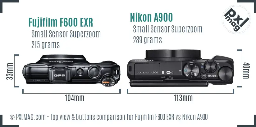 Fujifilm F600 EXR vs Nikon A900 top view buttons comparison