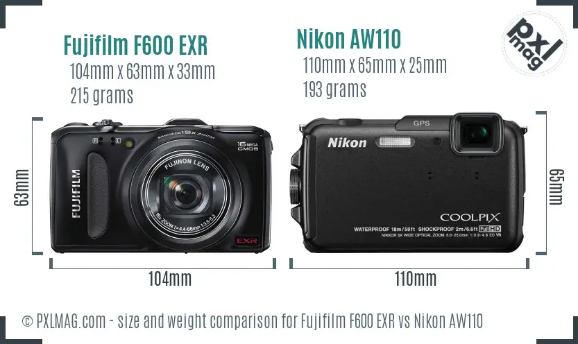 Size comparison between Fujifilm F600 EXR and Nikon AW110