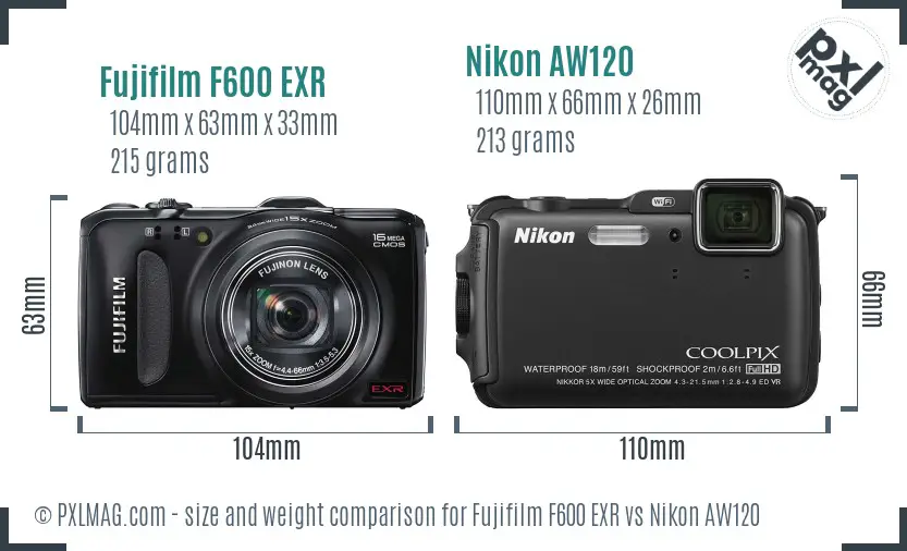 Fujifilm F600 EXR vs Nikon AW120 size comparison