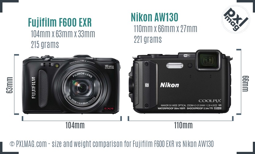 Fujifilm F600 EXR vs Nikon AW130 size comparison