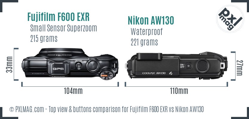Fujifilm F600 EXR vs Nikon AW130 top view buttons comparison