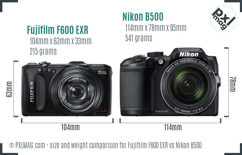 Fujifilm F600 EXR vs Nikon B500 size comparison
