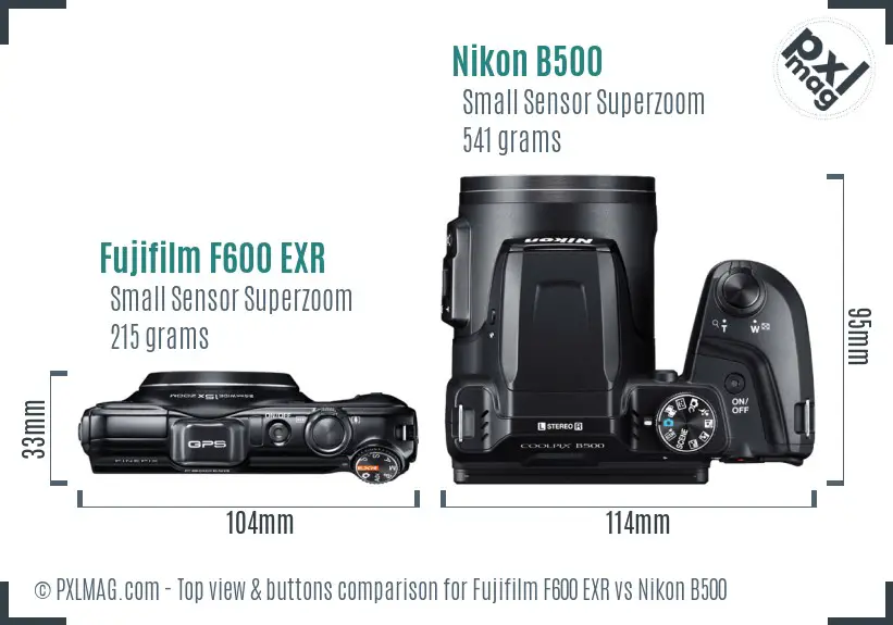 Fujifilm F600 EXR vs Nikon B500 top view buttons comparison