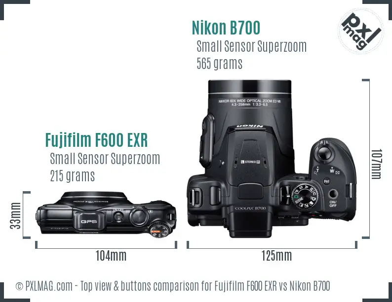 Fujifilm F600 EXR vs Nikon B700 top view buttons comparison