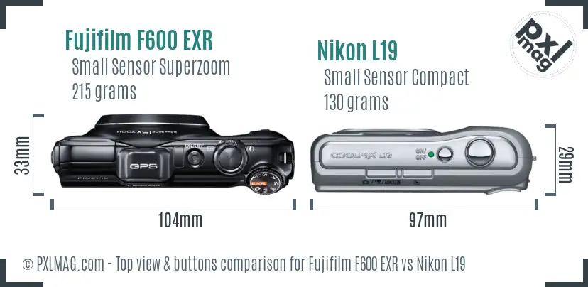Fujifilm F600 EXR vs Nikon L19 top view buttons comparison Fujifilm F600 EXR vs Nikon L19 top view buttons comparison