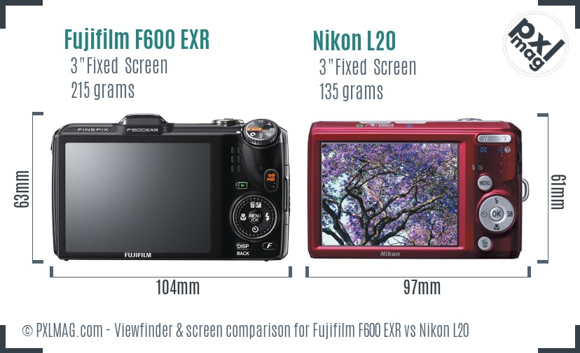 Fujifilm F600 EXR vs Nikon L20 Screen and Viewfinder comparison
